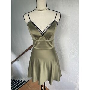 Bebe NWOT Green Satin Black Lace Slip Dress With Back Zipper Size 4
